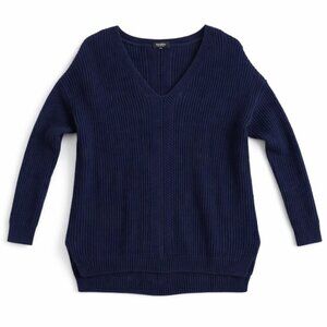 Babaton 100% Cotton Deep Blue V-Neck Oversized Knit Sweater Womens Size Small